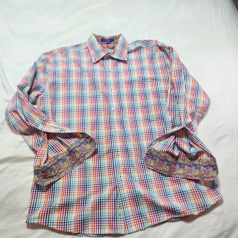 Alan Flusser Mens Shirt Large Multicolor Plaid Flip Cuff Long Sleeve Button Up